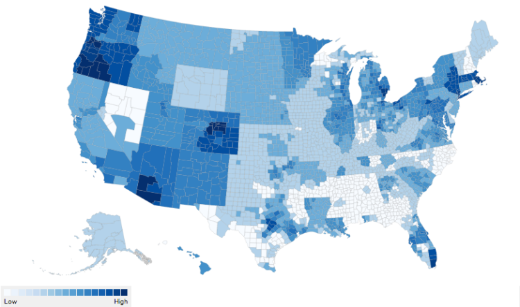 Number of companies offering insurance plans on ACA exchanges by county